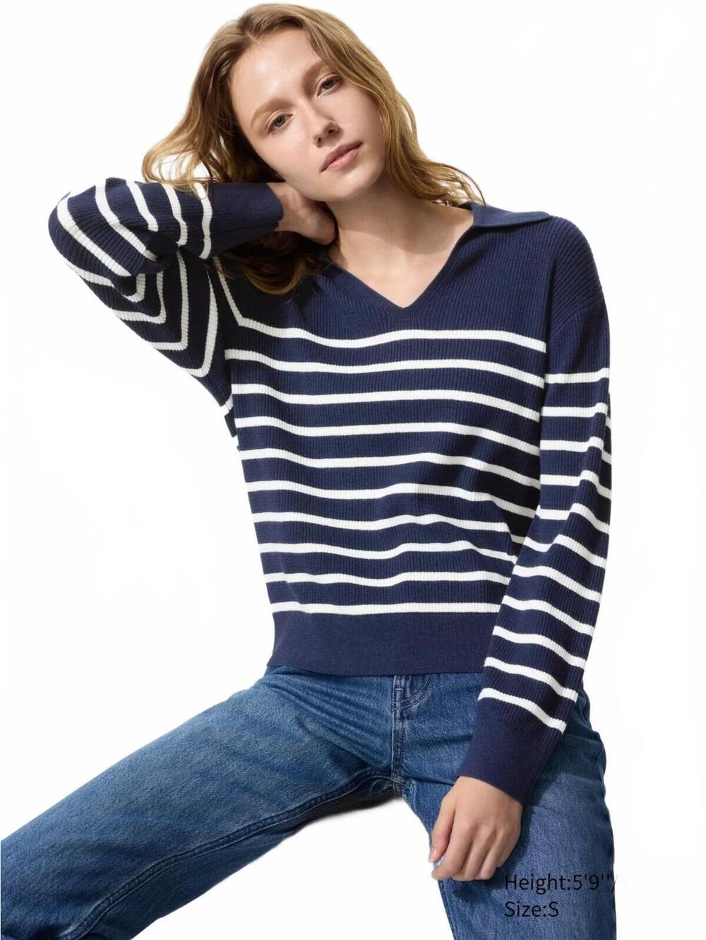 Uniqlo Washable Knit Ribbed Polo Sweater | Striped NWT Navy XL